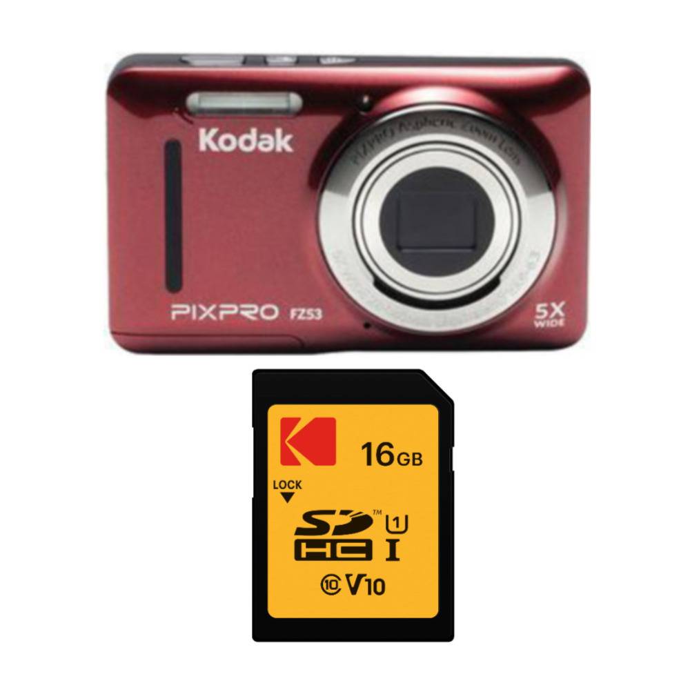Kodak PIXPRO Friendly Zoom FZ53 (Red) with 16GB Memory Card Bundle
