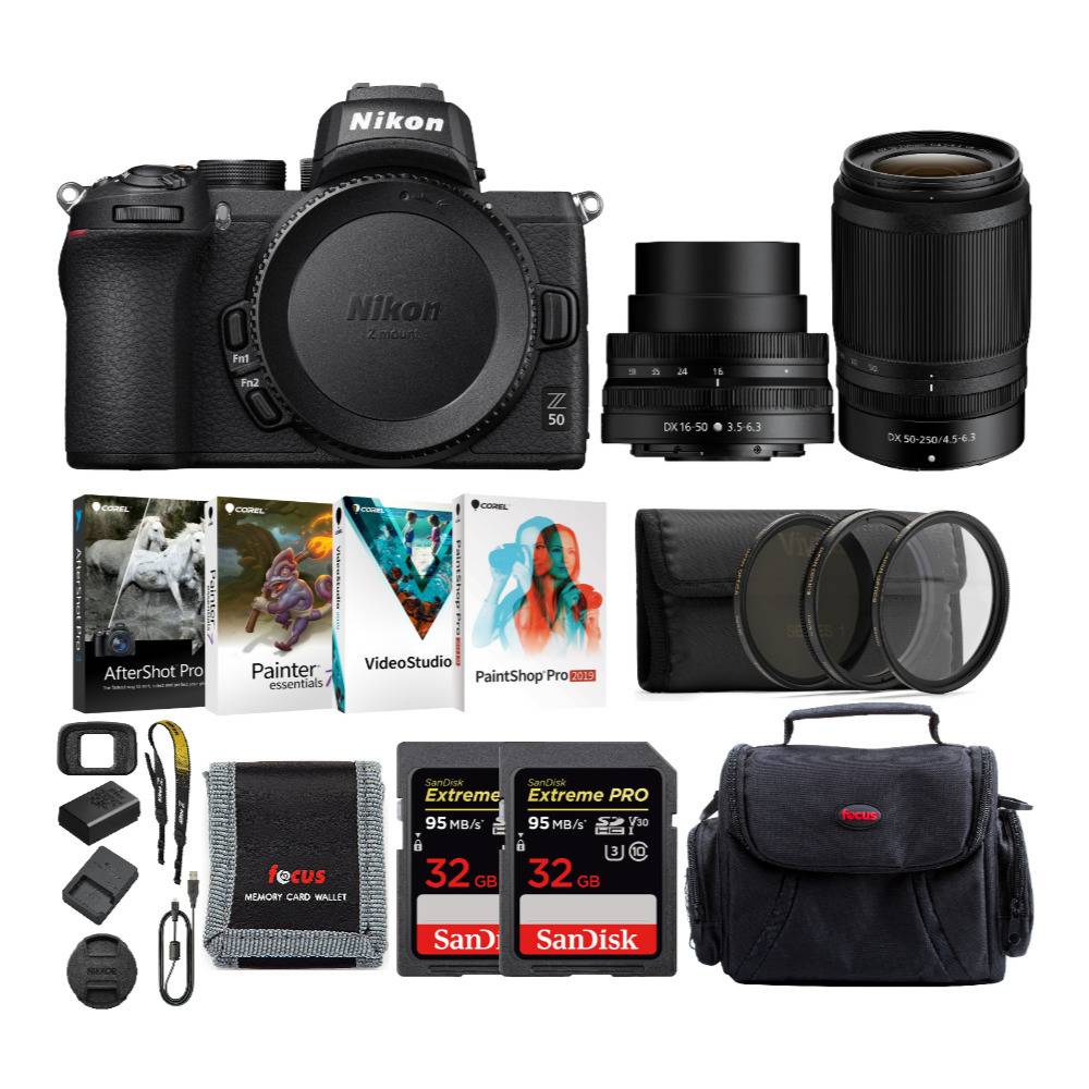 Nikon Z50 DX-Format Mirrorless Camera with 16-50mm, 50-250mm Lenses and Accessory Bundle