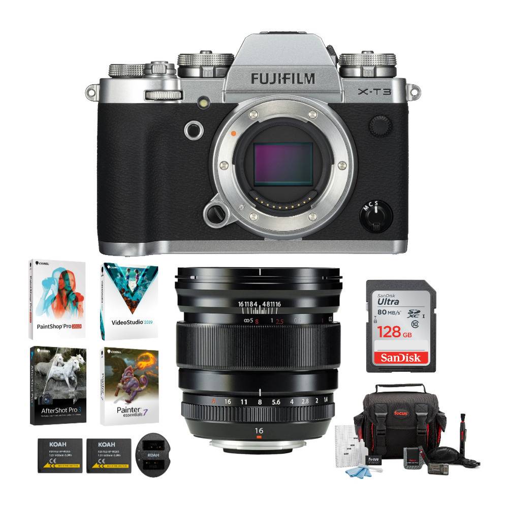 Fujifilm X-T3 Mirrorless Digital Camera (Silver) with XF 16mm f/1.4 R WR Lens and 128GB Accessory Bundle