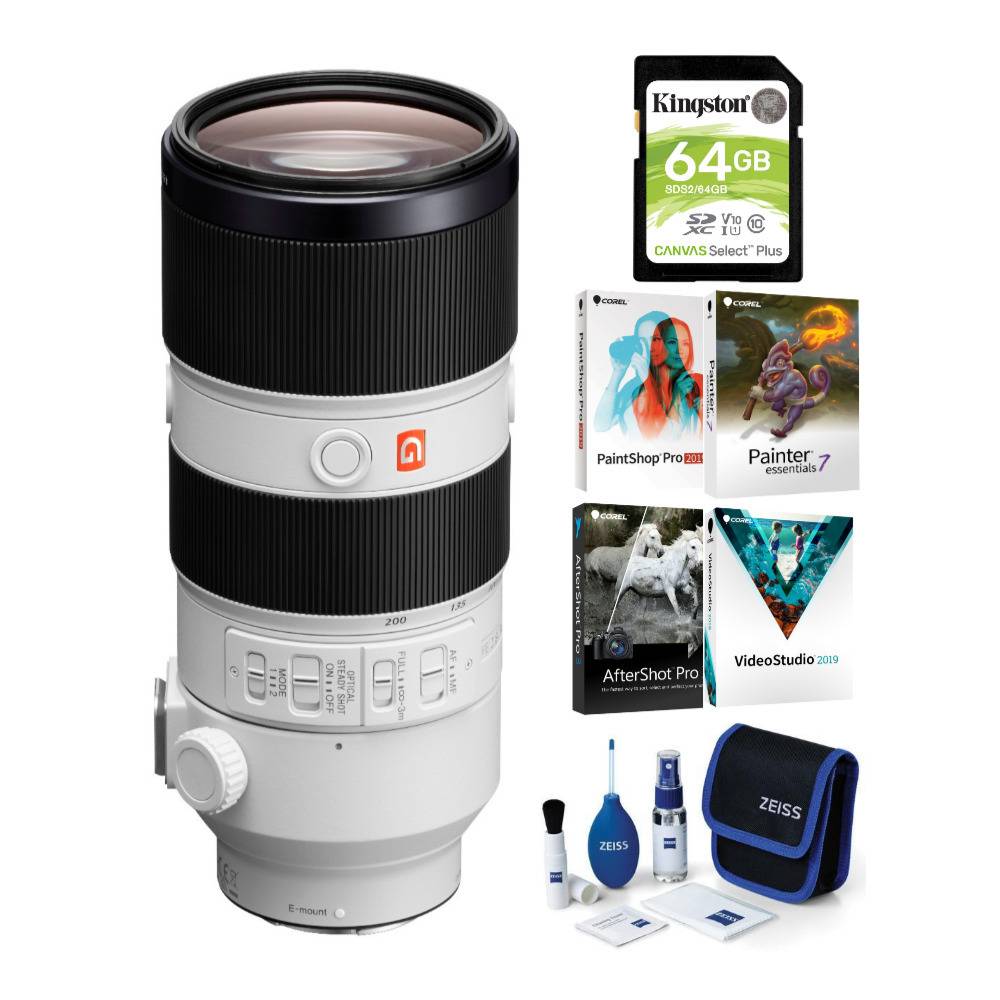Sony FE 70-200mm f/2.8 GM OSS Lens with Software Suite, Cleaning Kit, and 64GB SD Card Bundle