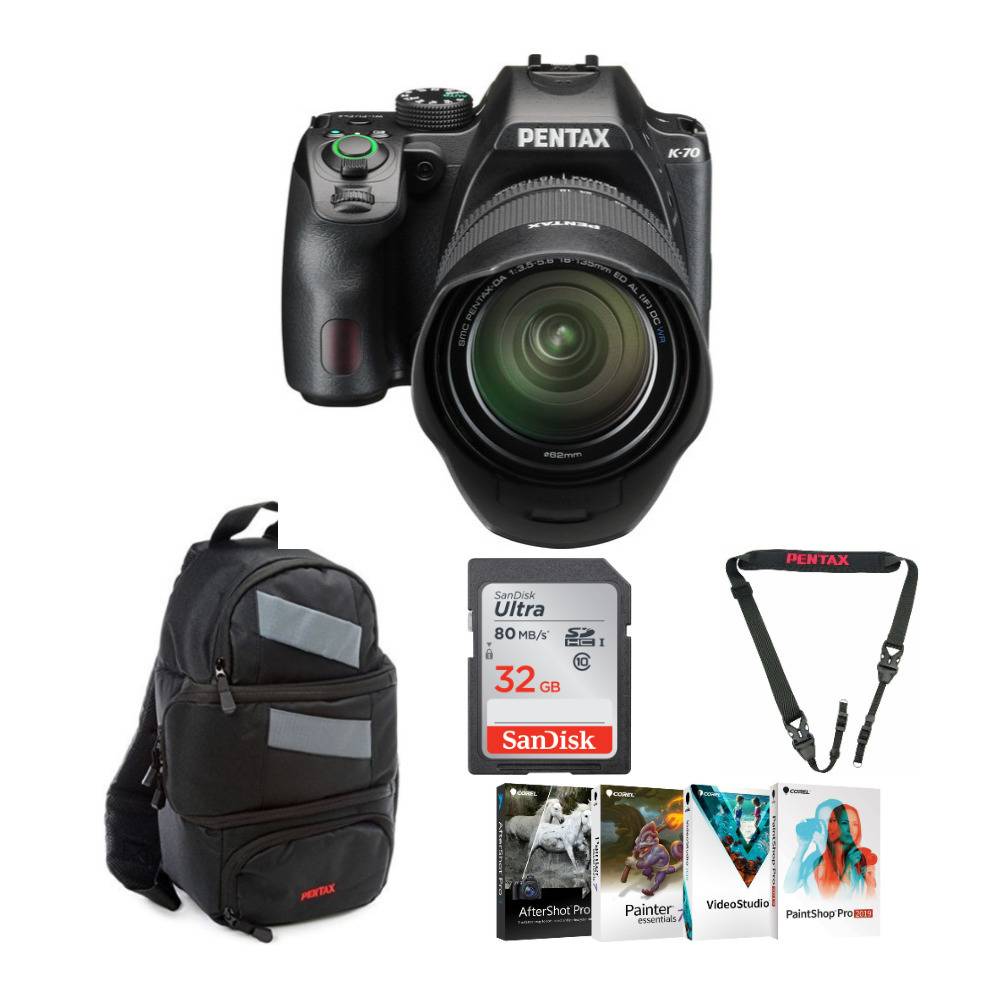 Pentax K-70 DSLR Camera with 18-135mm Lens (Black) with 32GB SD Card, DSLR Sling Bag and Coral Software Bundle