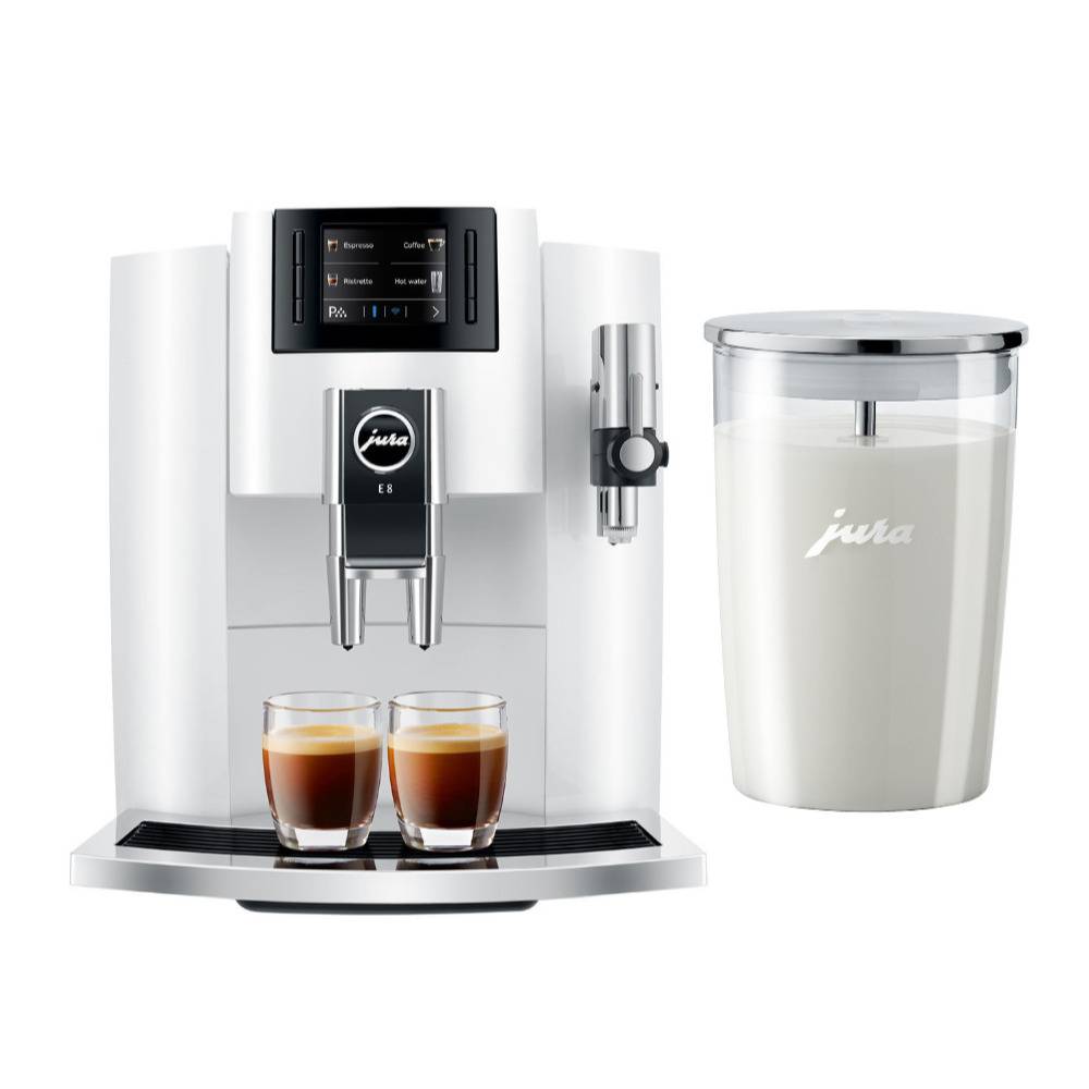Jura E8 Smart Espresso Coffee Machine (White) and Glass Milk Container Bundle