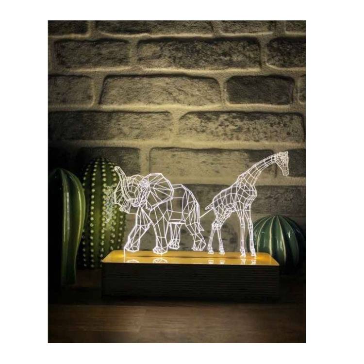 By-Lamp 3D Elephant and Giraffe Lamp with Handmade Wooden Base