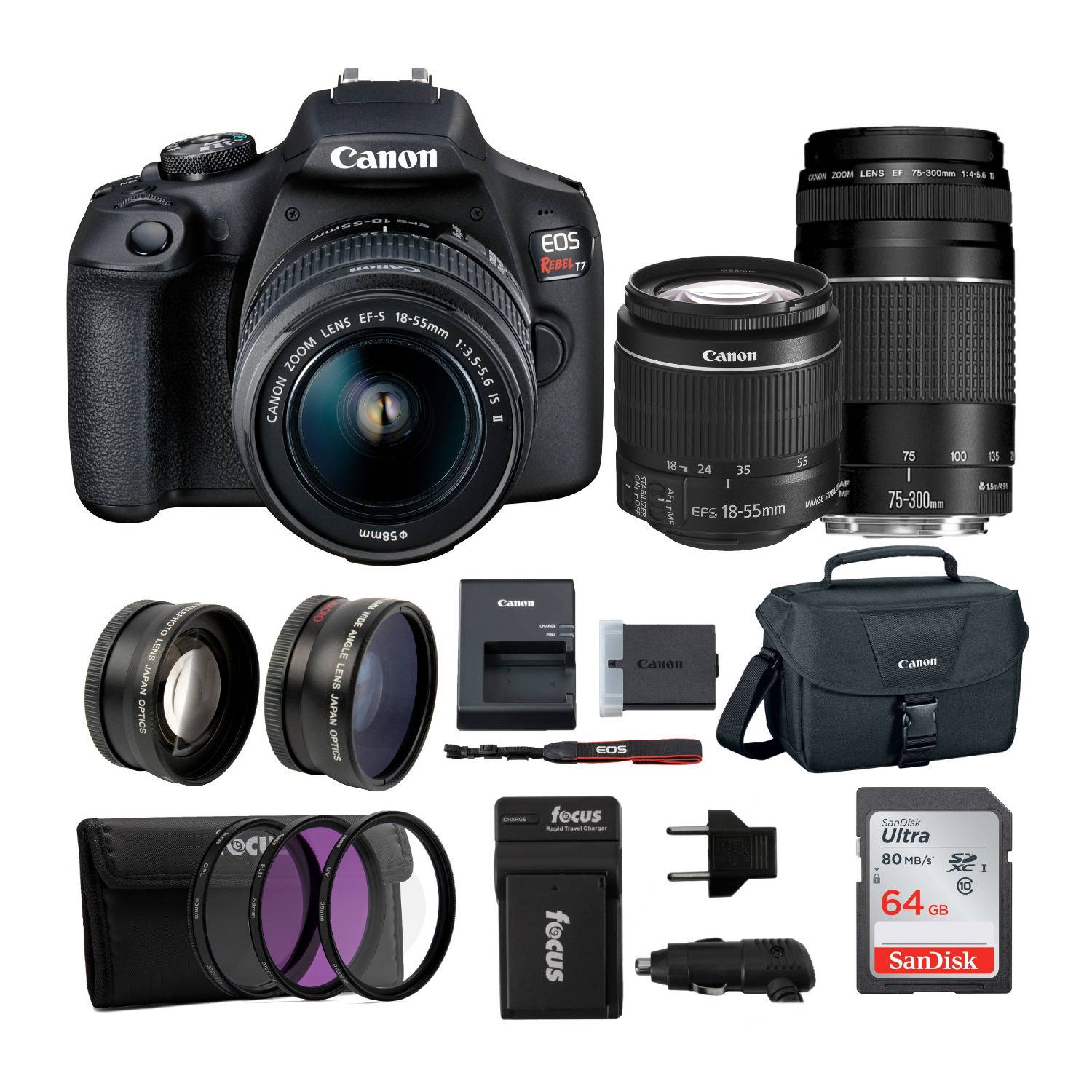 Canon EOS REBEL T7 with EF 18-55mm and EF 75-300mm Double Zoom Bundle