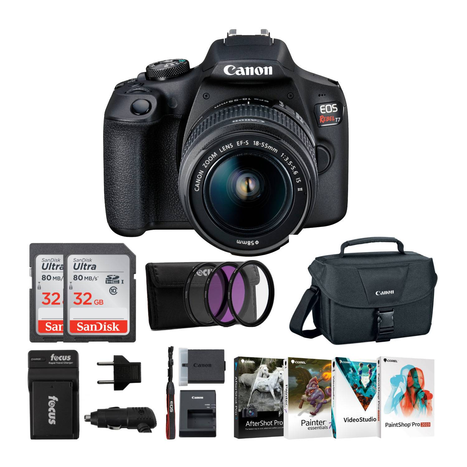 Canon EOS Rebel T7 DSLR Camera with EF-S 18-55mm IS II Lens Kit, 64 GB and Spare Battery Bundle