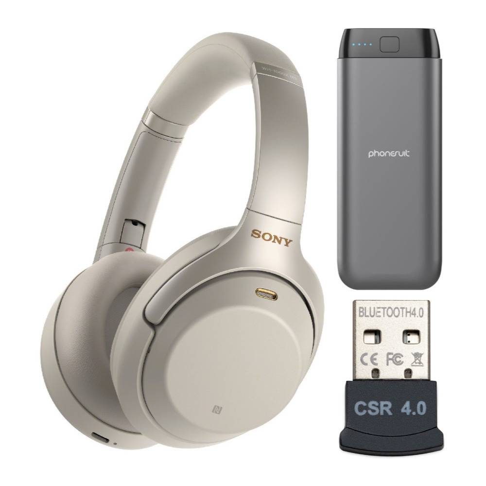 Sony WH1000XM3 Wireless Noise Canceling Over Ear Headphones (Silver) with Portable Charger