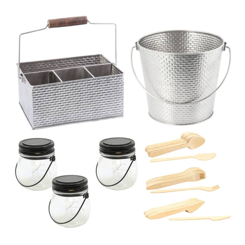 TableCraft Outdoor Entertaining Extravaganza Set with Pail, Utensil Caddy, Solar Latern, and Disposable Utensils
