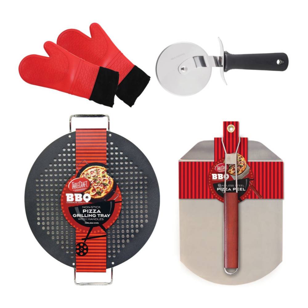 TableCraft Pizza on the Grill Set with Grilling Tray, Peel, Cutter Wheel, and Gloves