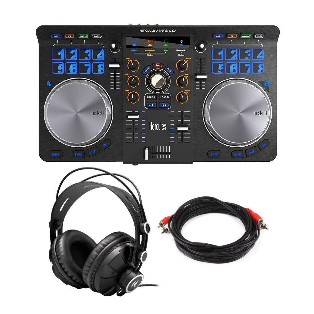 Hercules Universal DJ Controller Bundle with Closed-Back Headphones and Male-to-Male RCA Cable