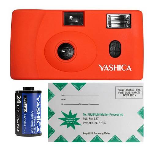 YASHICA MF-1 Snapshot Art 35mm Film Camera Set with Film Roll (Orange) & Film Processing Mailer