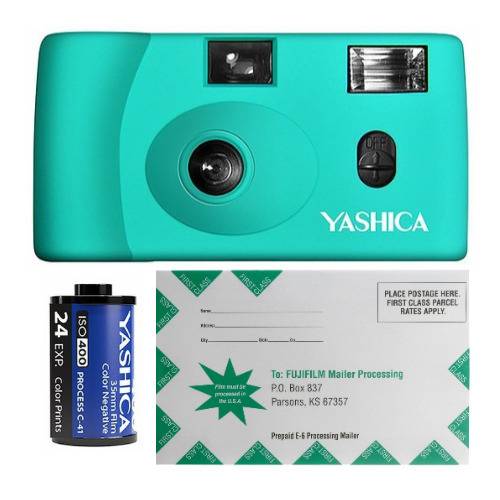 YASHICA MF-1 Snapshot Art 35mm Film Camera Set with Film Roll (Turquoise) & Film Processing Mailer