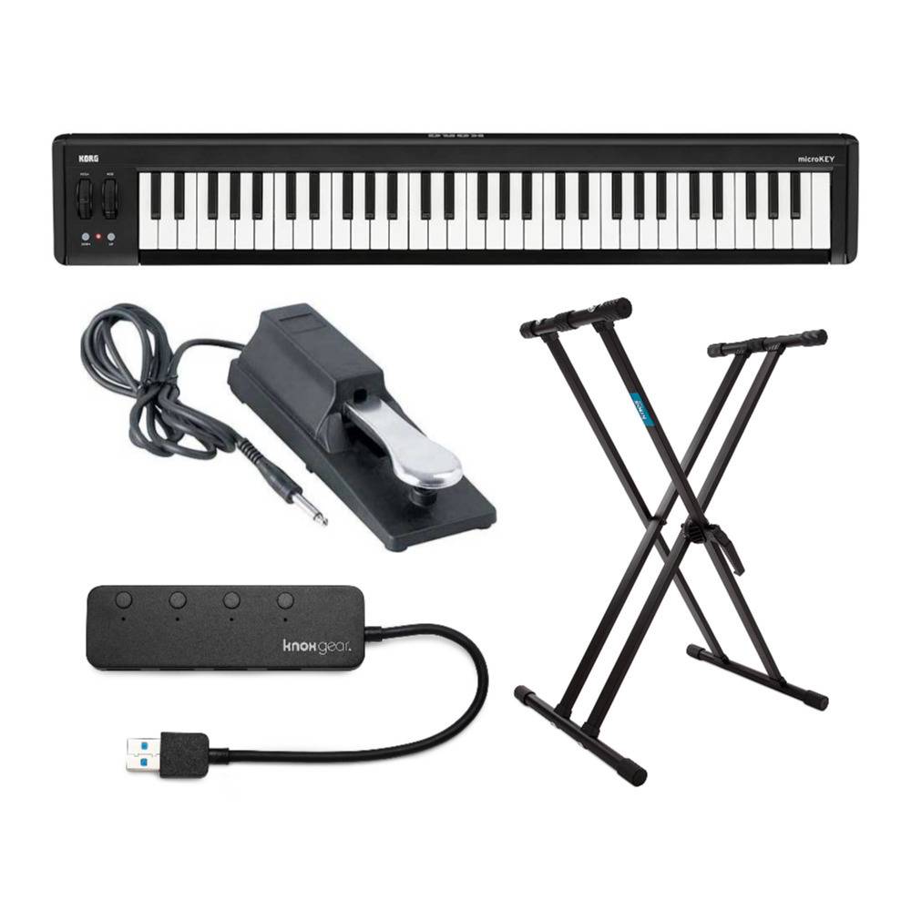 Korg microKEY 61-Key Compact MIDI Keyboard Bundle with Double-X Keyboard Stand, Sustain Pedal, and 4-Port USB Hub
