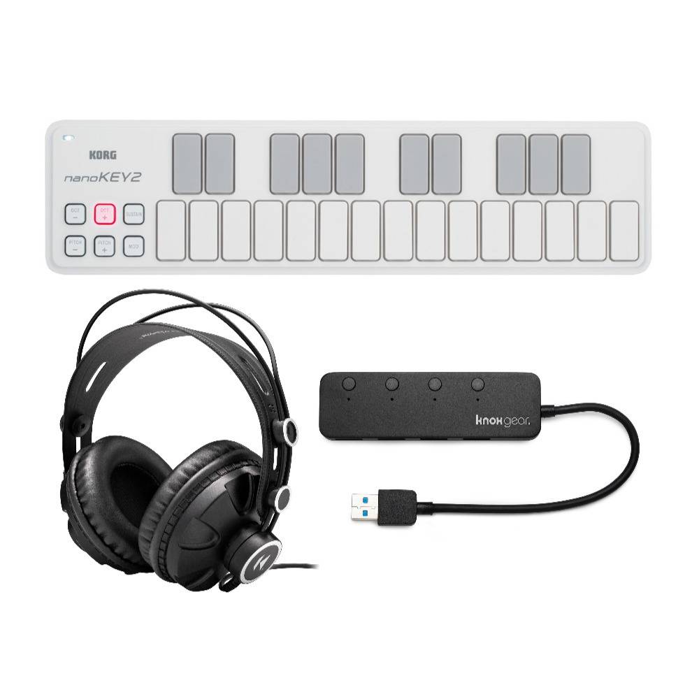 Korg nanoKEY 25-Key Slim-Line USB MIDI Controller (White) Bundle with Closed-Back Headphones and 4-Port USB Hub
