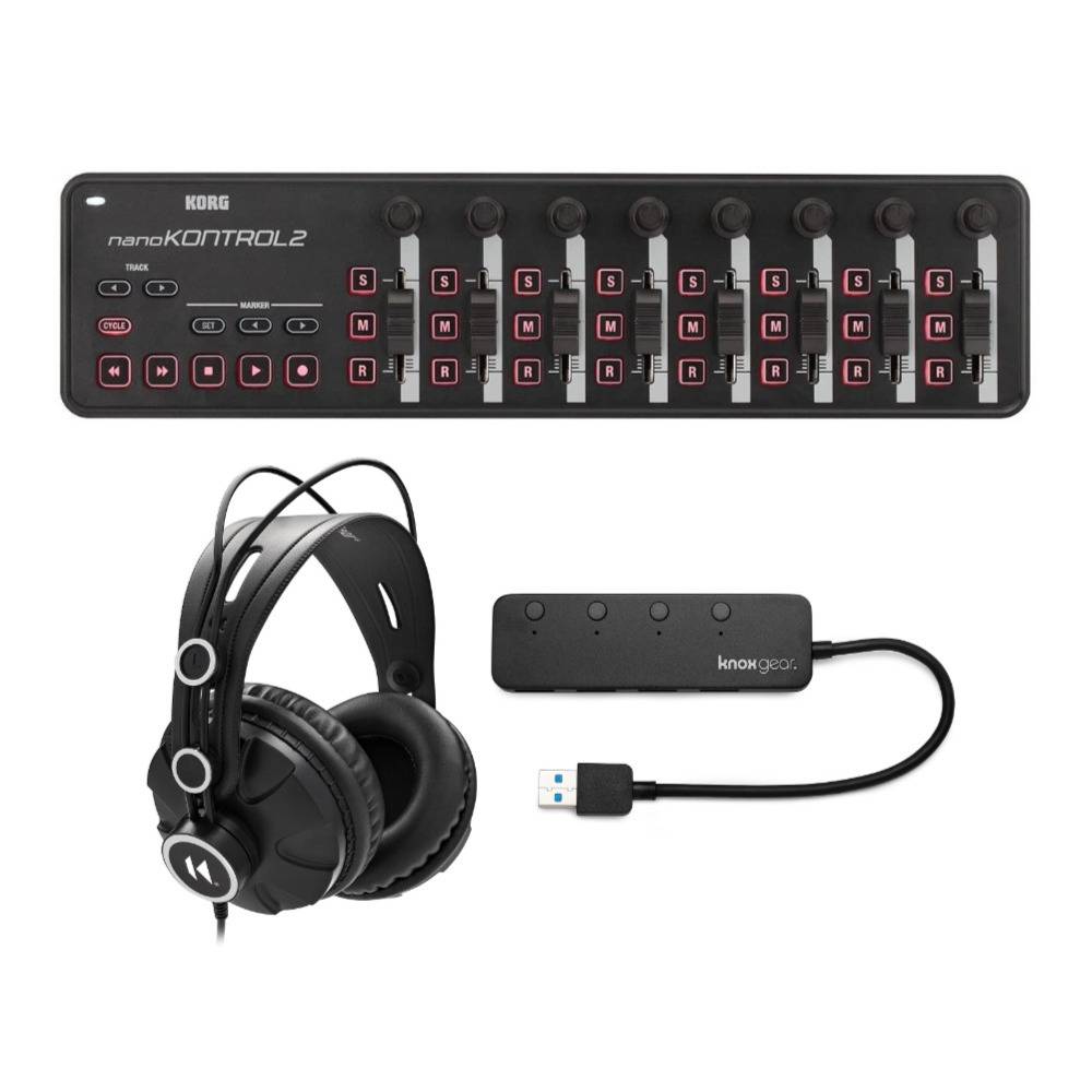Korg nanoKONTROL2 Slim-Line USB MIDI Controller (Black) Bundle with Headphones and 4-Port USB Hub