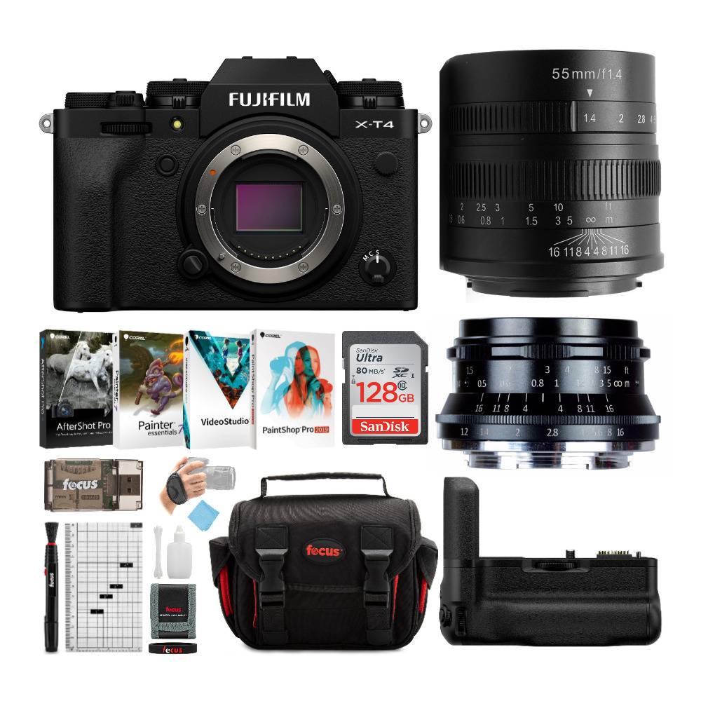 Fujifilm X-T4 Mirrorless Digital Camera Body (Black) with 7artisans 35mm and 55mm Lenses and Grip Bundle