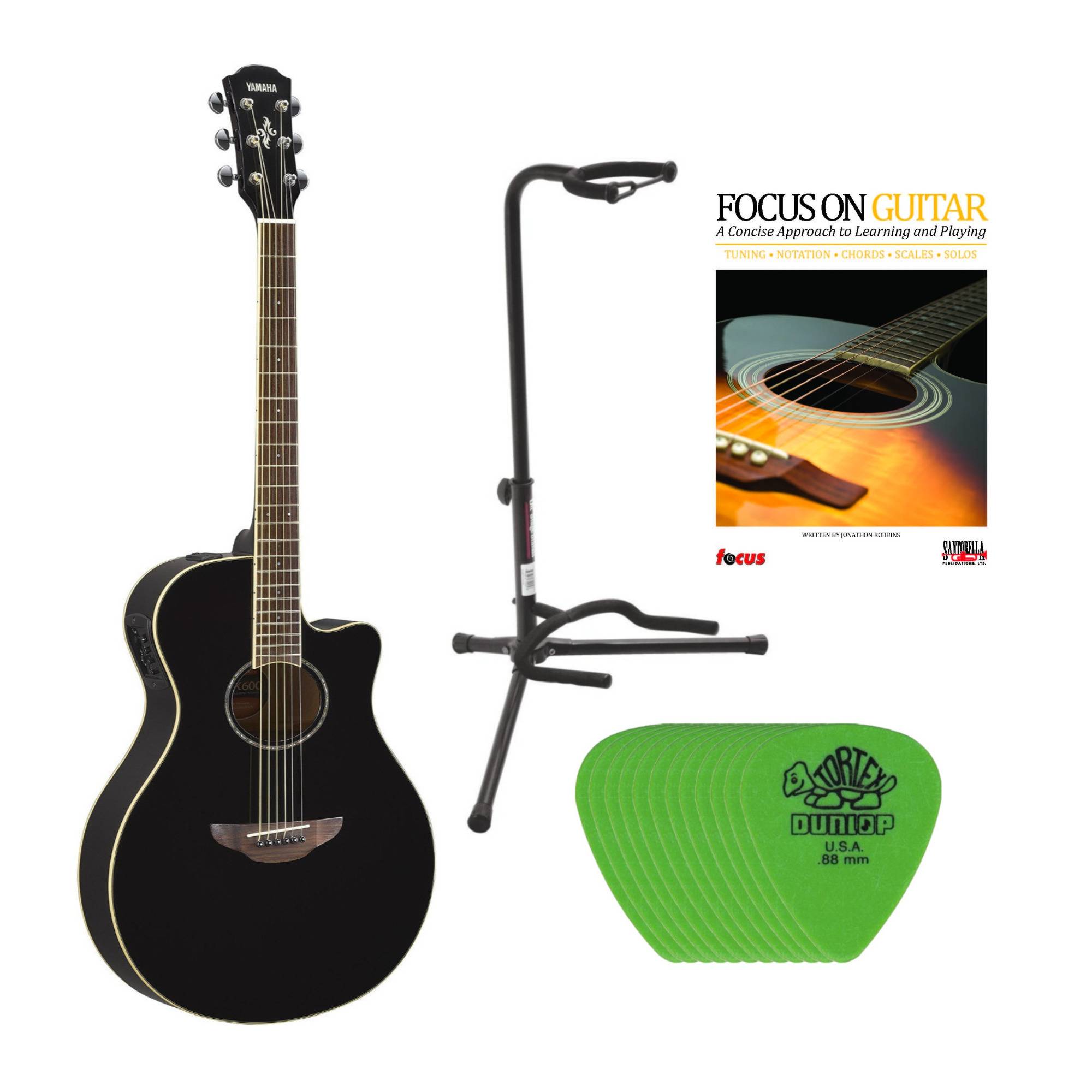 Yamaha APX600BL Thinline Acoustic-Electric Guitar (Black) with Guitar Stand, Picks and Book