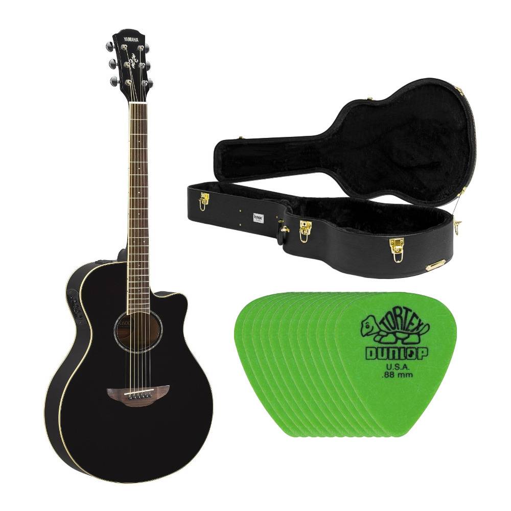 Yamaha APX600BL Thinline Acoustic-Electric Guitar (Black) with Knox Guitar Case and Picks