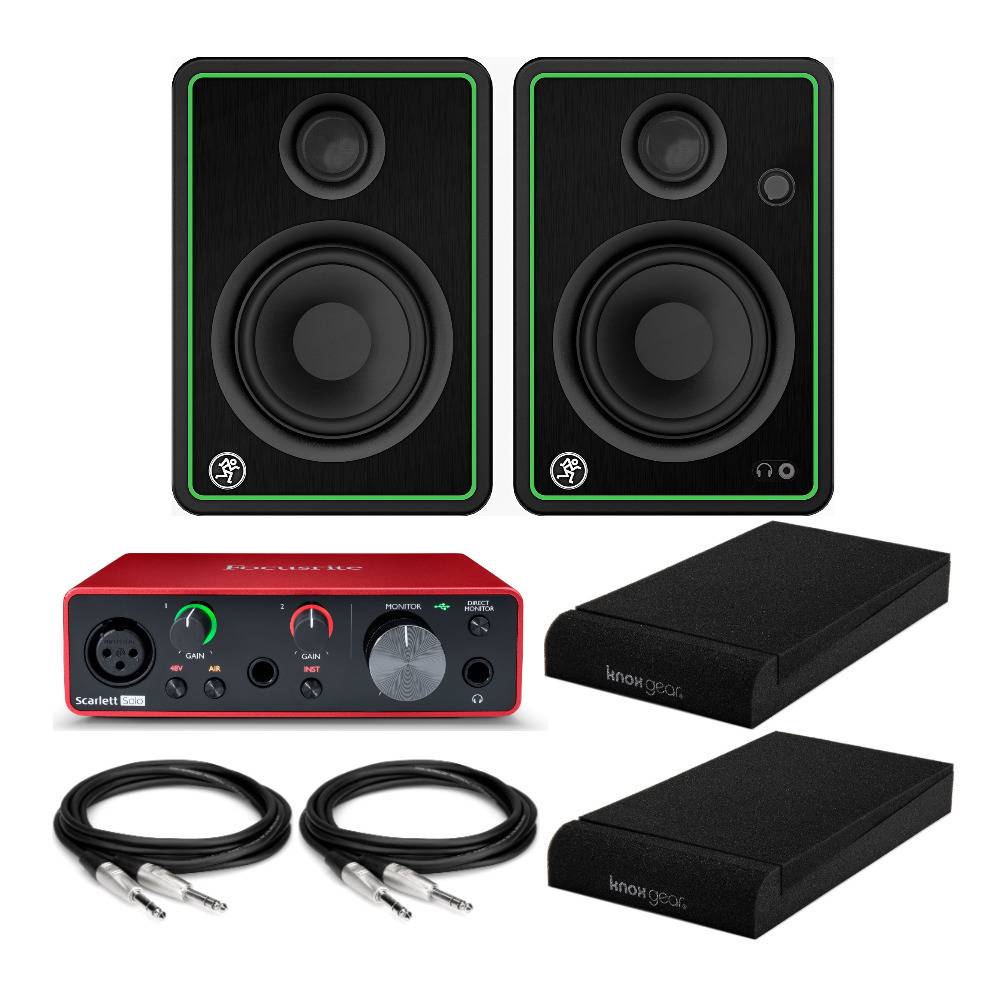 Mackie CR4-X 4-Inch Multimedia Monitors (Pair) with Scarlett Solo 3G, Isolation Pads and TRS Cables