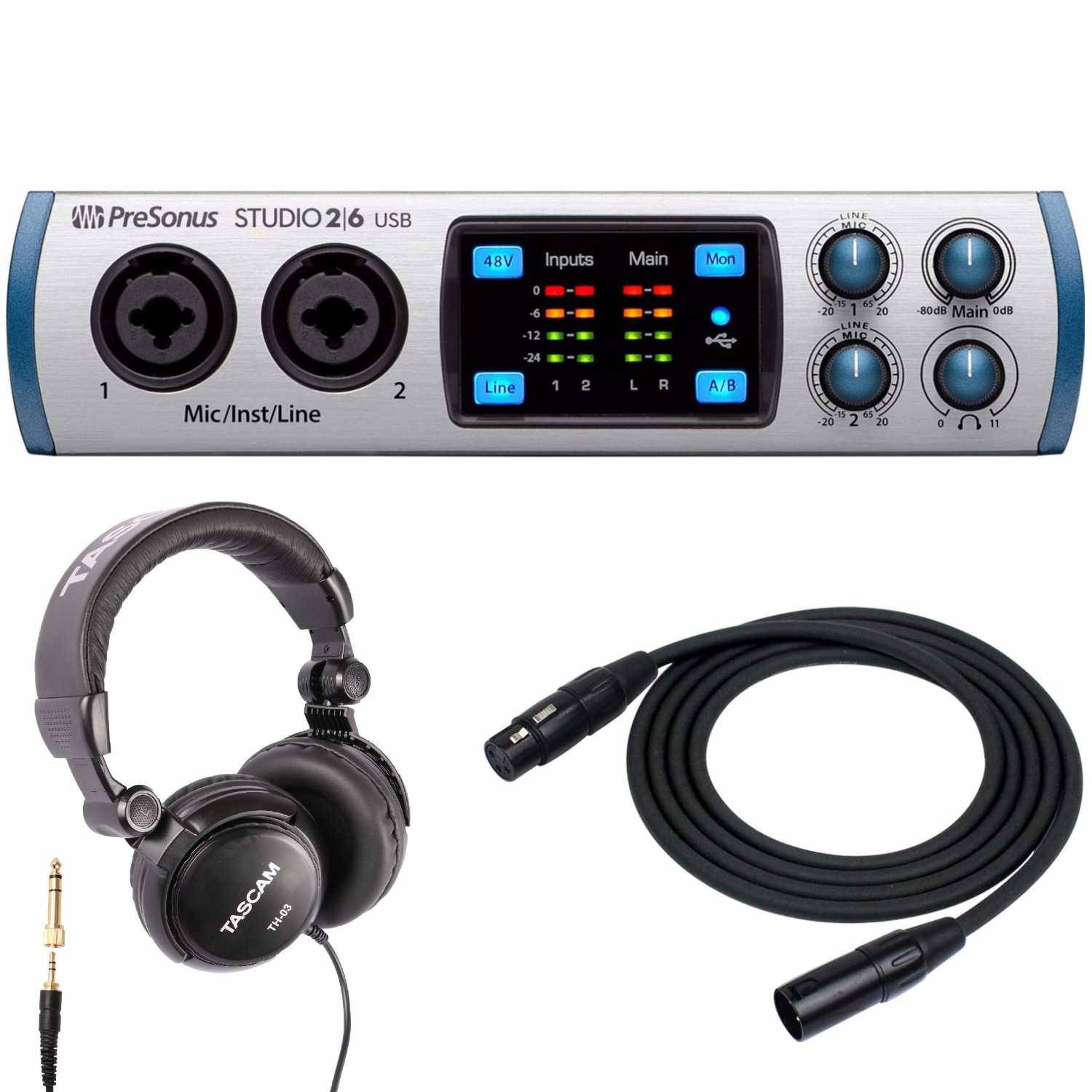 PreSonus Studio 26 USB 2x4 MIDI Interface with Studio Headphones and XLR Cable