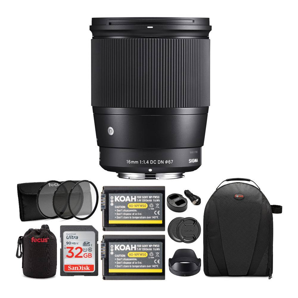 Sigma 16mm f/1.4 DC DN Contemporary Lens for Sony E Mount Cameras with Backpack Bundle