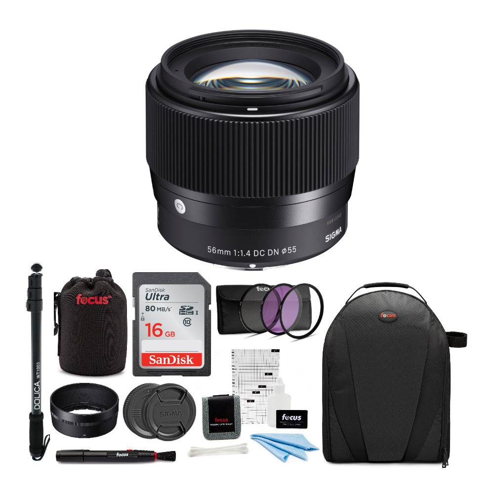 Sigma 56mm f/1.4 DC DN Contemporary Lens for Sony E with 16GB SD Card and Monopod Bundle