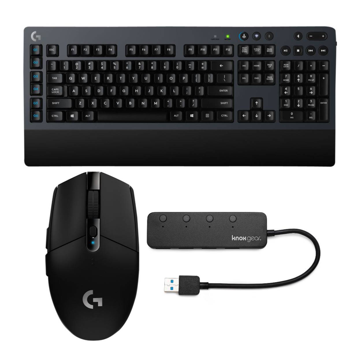 Logitech G613 Lightspeed Wireless Gaming Keyboard with Logitech G305 Wireless Gaming Mouse and Knox Gear USB Hub
