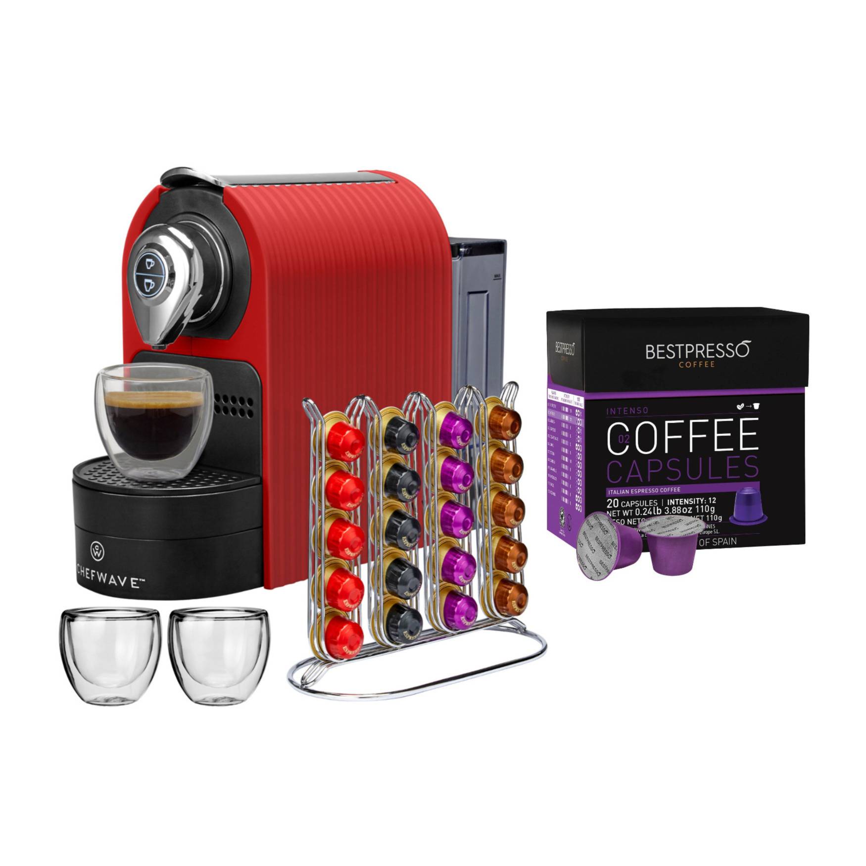 ChefWave Mini Espresso Machine (Red) with Capsule Holder, 2 Glass Cups and Coffee Capsules