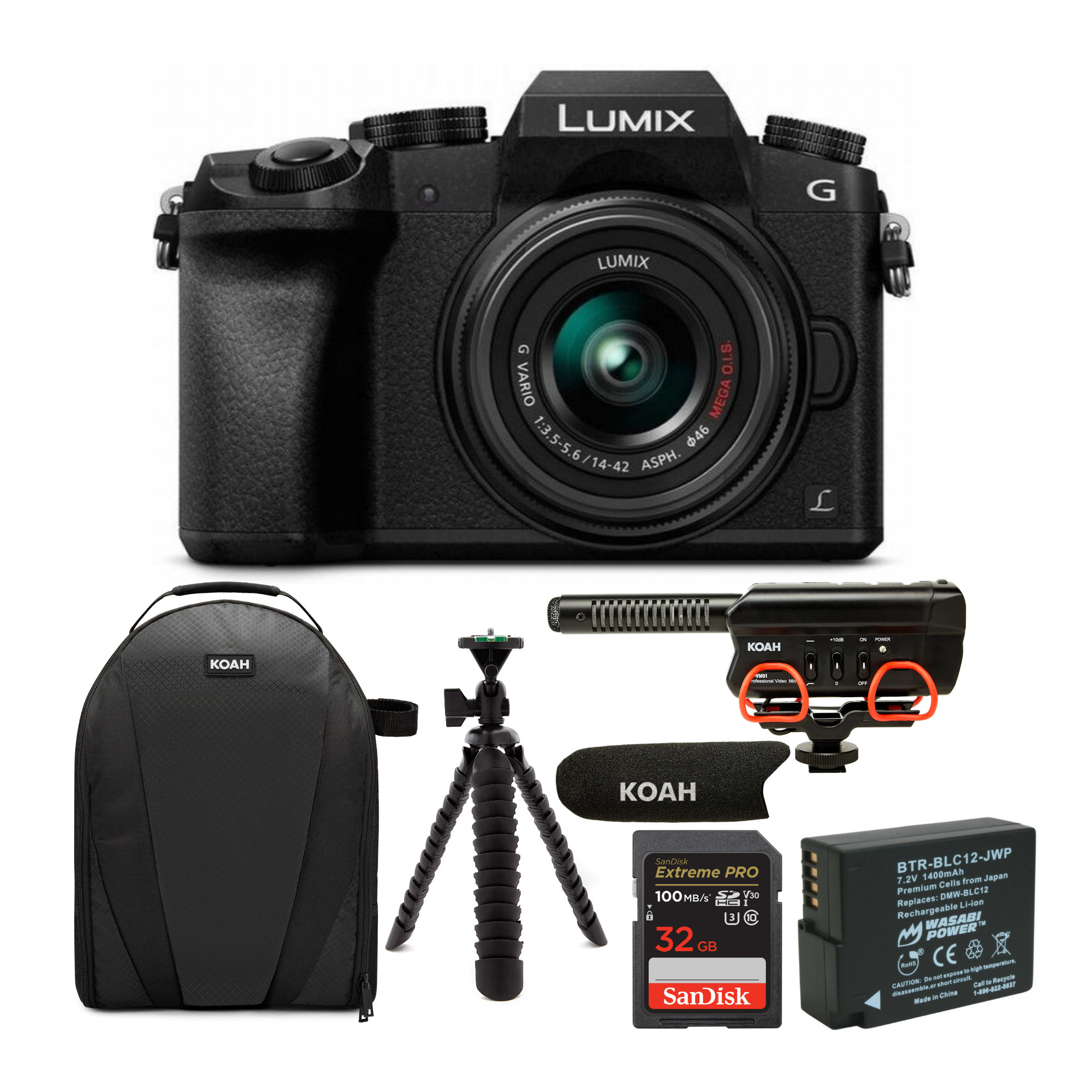 Panasonic LUMIX G7 Mirrorless Camera with 14-42mm Camera Lens and Koah Microphone Bundle in Black