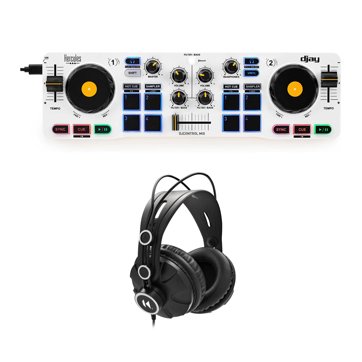 Hercules DJControl Mix 2-Channel Bluetooth Wireless DJ Controller with Headphones -  ADJCONTROLMIXK1