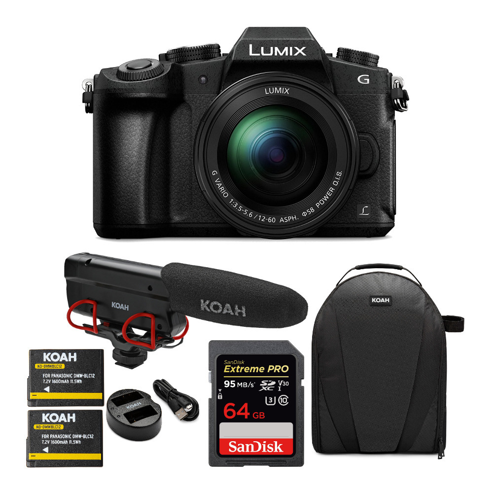 Panasonic LUMIX G85 4K Mirrorless Camera with 12-60mm Camera Lens and Koah Microphone Bundle in Black