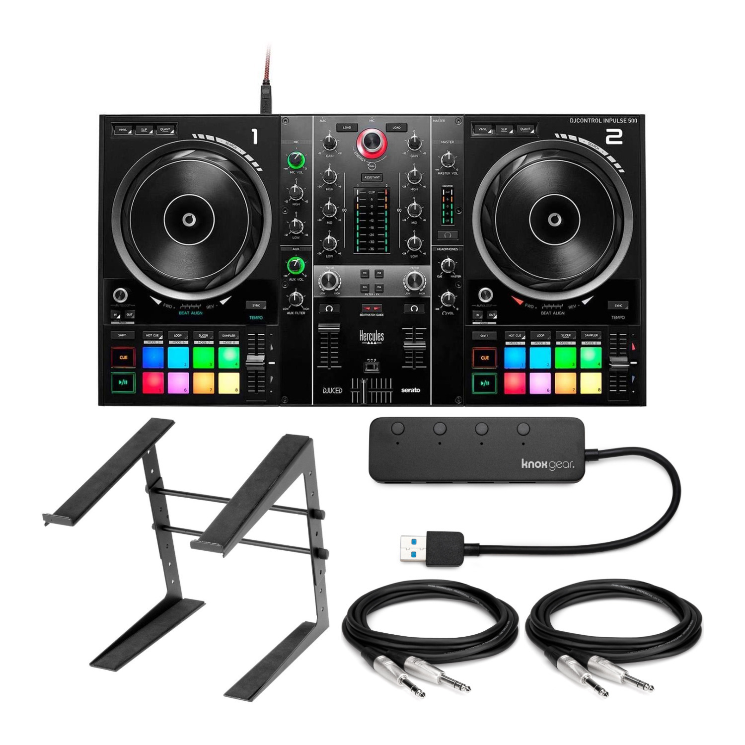 Hercules DJControl Inpulse 500 2-Deck DJ Controller with Stand and Knox Gear 4-Port USB Hub Bundle in Black -  AMS-DJC-INPULSE-500