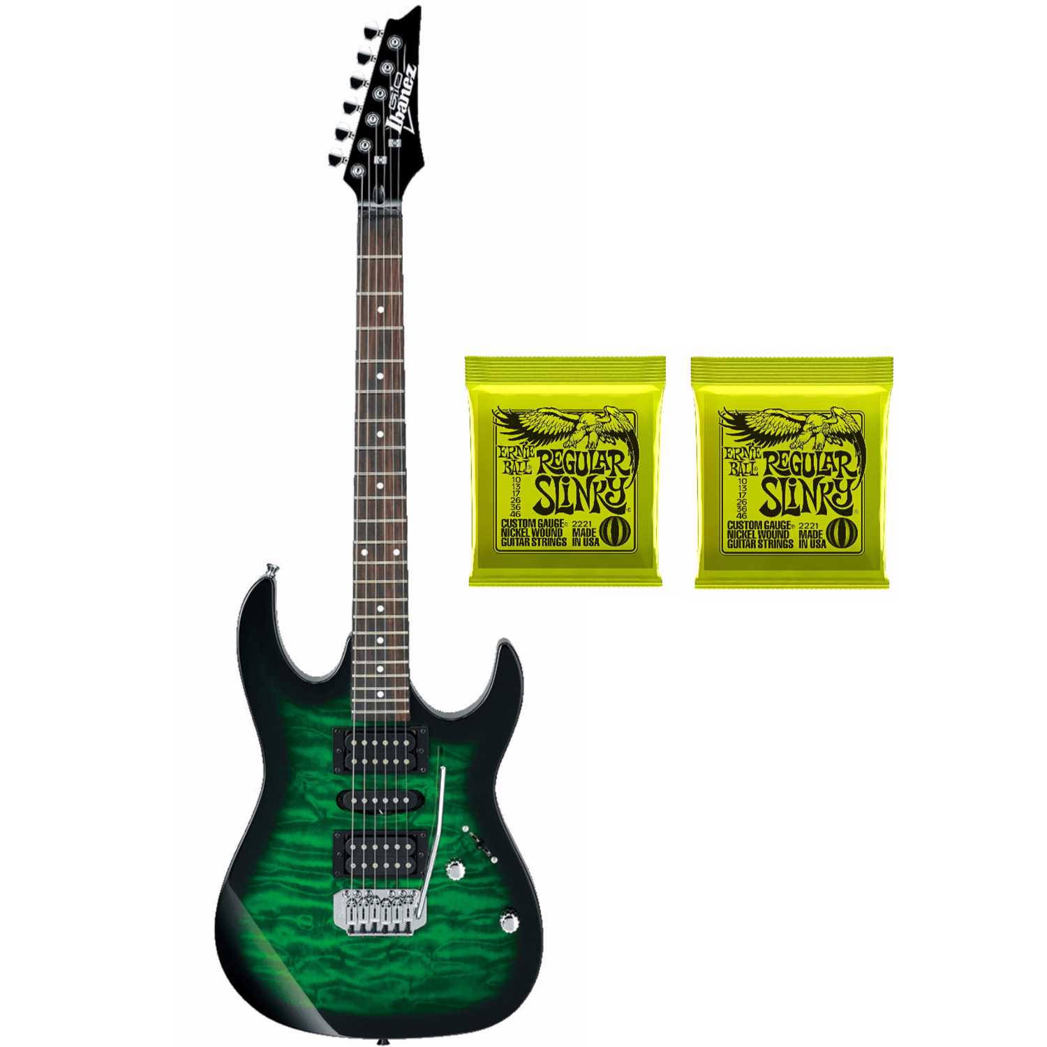 Ibanez GRX70QA GIO RX Series Electric Guitar Plus 2 Sets of Ernie Ball Strings in Green -  GRX70QATEB