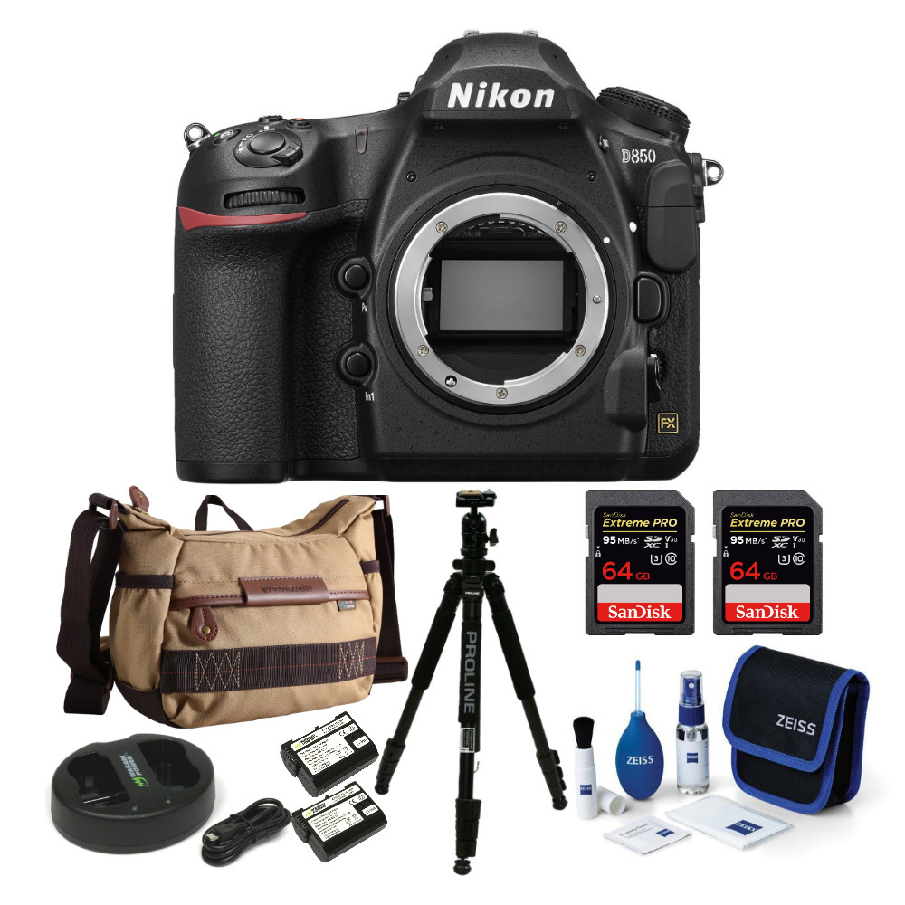 Nikon D850 DSLR Camera Body with 64GB Memory Cards, Power Battery, Dual Charger, Shoulder Bag, Cleaning Kit and Tripod in Black