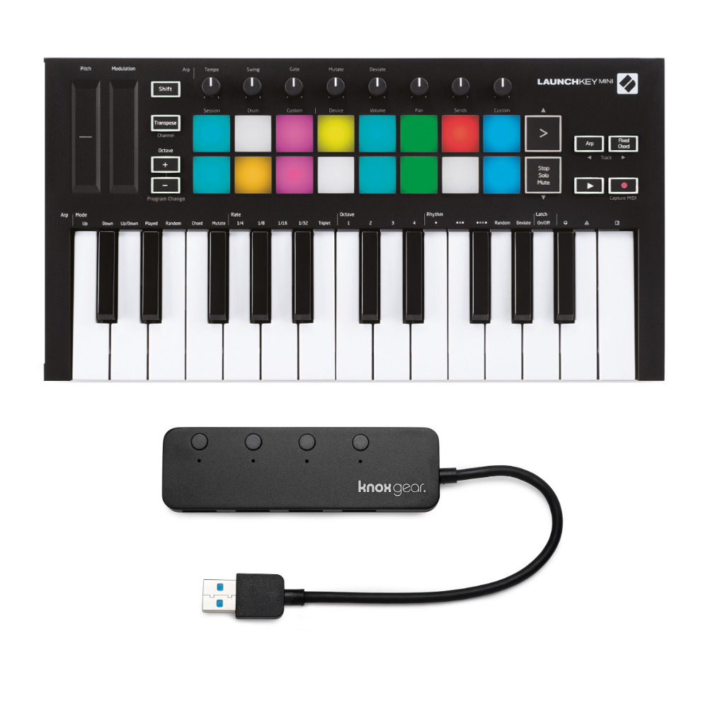 Novation Launchkey Mini MK3 25 Mini-Key MIDI Keyboard with Knox Gear 4-Port USB 3.0 Hub in Black -  NOVLKMIN3_K1