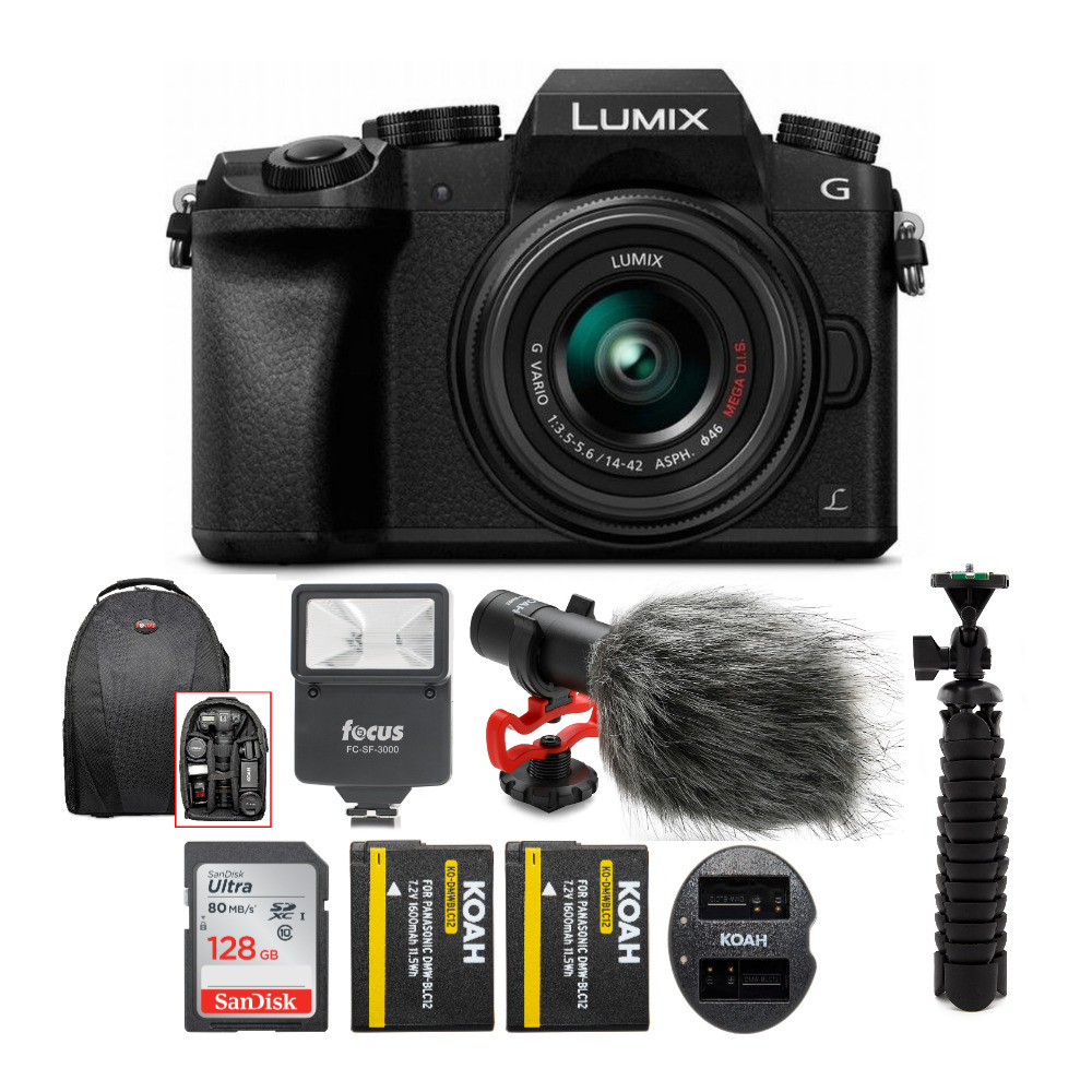 Panasonic LUMIX G7 Mirrorless Camera with 14-42mm Lens, 128GB SD Card and Accessories Bundle in Black