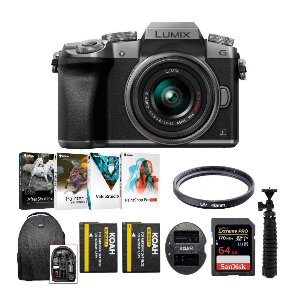 Panasonic LUMIX G7 Mirrorless Camera with 14-42mm Camera Lens (Silver) and 64GB SD Bundle in Black