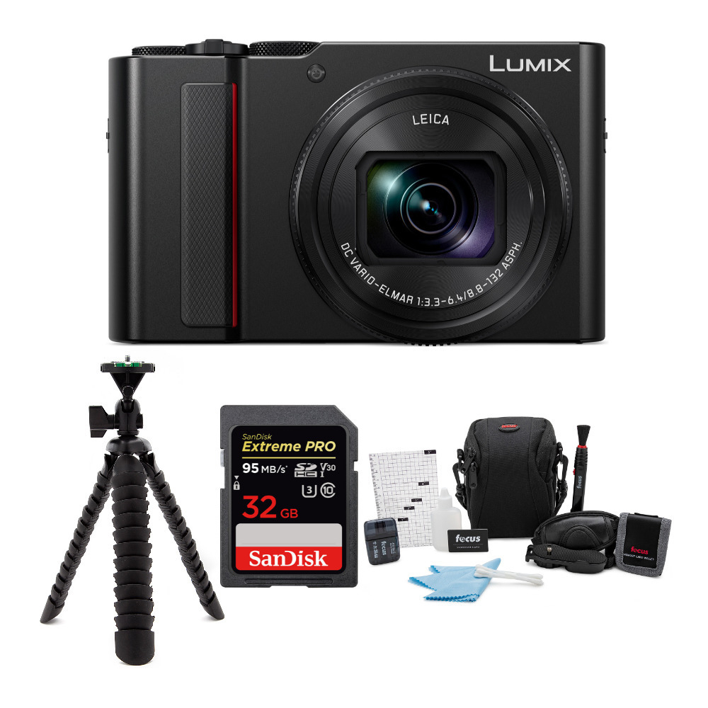 Panasonic LUMIX ZS200 20MP MOS Sensor 4K 30p Video LVF Digital Camera with 32GB SD Card, Tripod and Accessories in Black