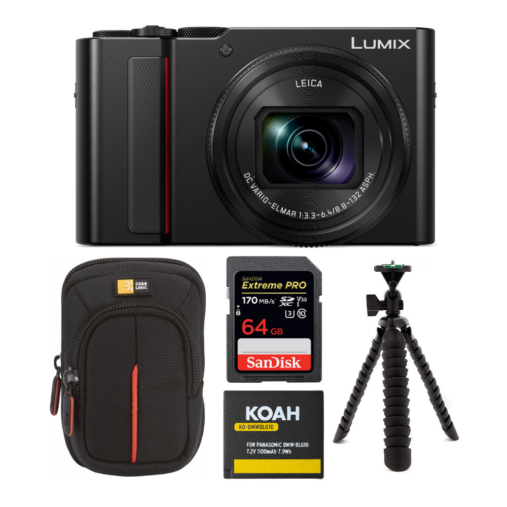 Panasonic LUMIX ZS200 20MP MOS Sensor 4K 30p Video LVF Digital Camera with Case and 64GB SD Card Bundle in Black