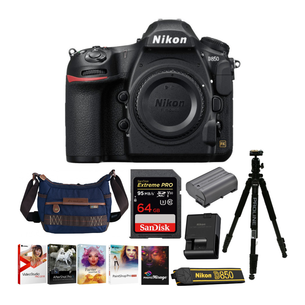 Nikon D850 Full Frame FX-Format Digital SLR Camera with Shoulder Bag, Tripod, 64GB SD Card and Software Kit in Black