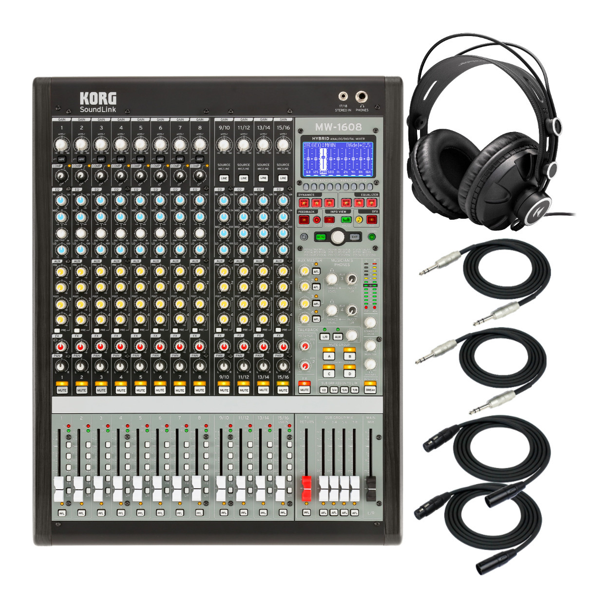 Korg SoundLink MW1608 16-Channel Hybrid Analog/Digital Mixer Bundle with Headphones Bundle in Black -  MW1608BK